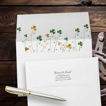 shamrock wildflowers green gold wedding invitation envelope