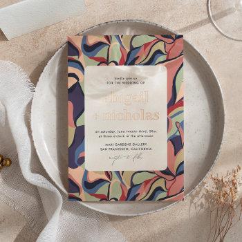 shiny bold colorful abstract floral retro wedding foil invitation