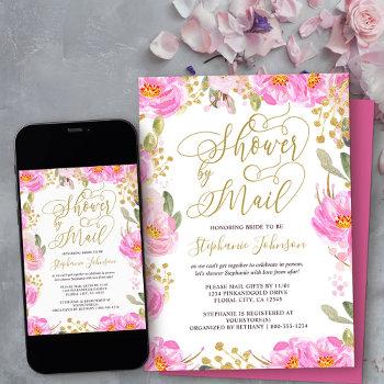 shower by mail calligraphy pink and gold floral invitation