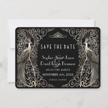 silver art deco peacocks wedding save the date