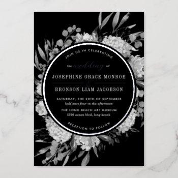 silver black and white watercolor floral wedding foil invitation