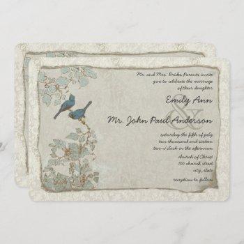 silver blue love bird damask wedding invitations