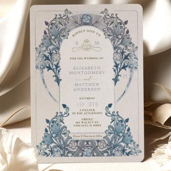 silver blue vintage wedding william morris foil invitation