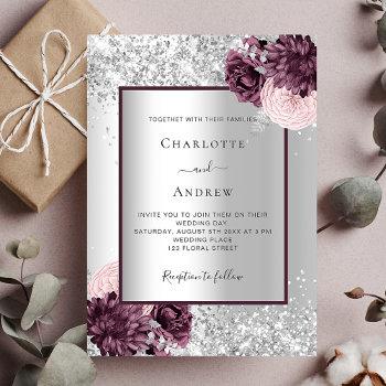 silver burgundy floral elegant wedding invitation