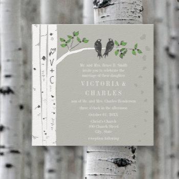 silver cloud birch vintage birds wedding invite