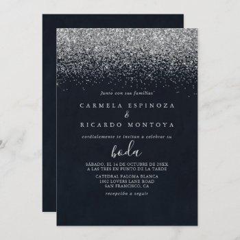 silver confetti calligraphy spanish wedding  invitation