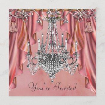 silver coral pink chandelier party invitation