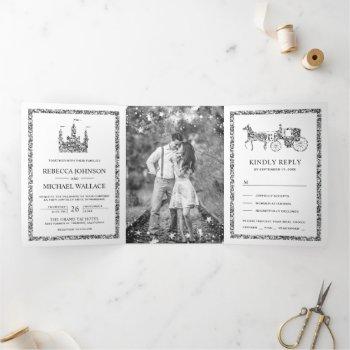 silver fairytale castle princess carriage wedding tri-fold invitation
