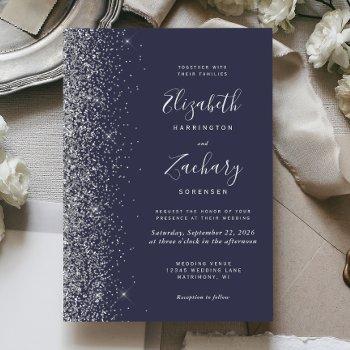 silver faux glitter edge dark blue wedding invitation
