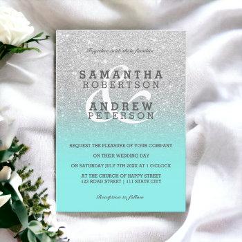 silver faux glitter teal ombre wedding custom invitation