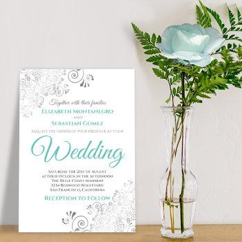 silver filigree aqua and white elegant wedding invitation