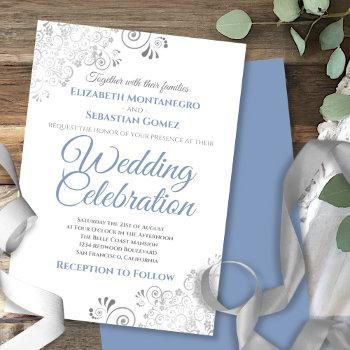 silver filigree elegant simple blue gray wedding invitation