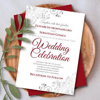 silver filigree elegant simple red & white wedding invitation