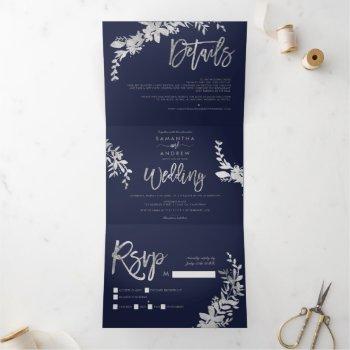 Small Silver Floral Navy Blue Elegant Script Wedding Tri-fold Front View