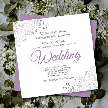 silver frills chic lavender & white square wedding invitation