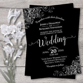 silver frills elegant black wedding invitation