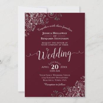silver frills elegant burgundy wedding invitation