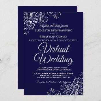 silver frills elegant navy blue virtual wedding invitation