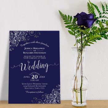 silver frills elegant navy blue wedding invitation