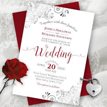 silver frills elegant red & gray on white wedding invitation