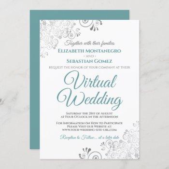 silver frills elegant teal & white virtual wedding invitation