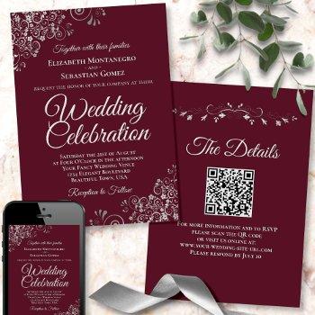 silver frills on burgundy elegant qr code wedding invitation
