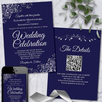 silver frills on navy blue elegant qr code wedding invitation