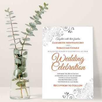 silver frills terracotta coral on white wedding invitation