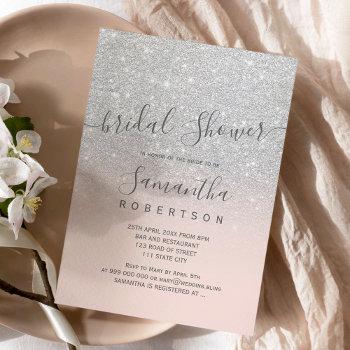 silver glitter blush pink script bridal shower invitation