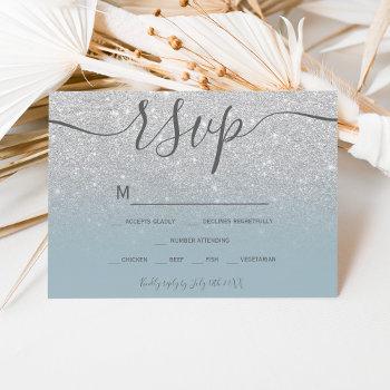 Small Silver Glitter Dusty Blue Script Chic Rsvp Front View