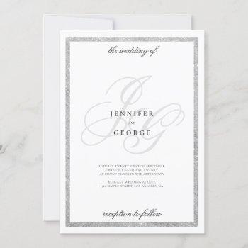 silver glitter monogram initials white wedding invitation