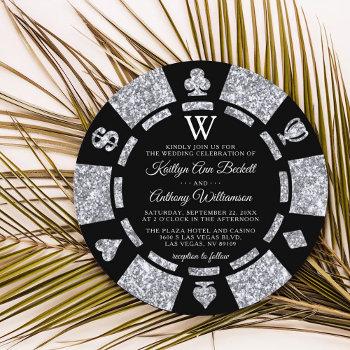 silver glitter monogram poker chip casino wedding invitation