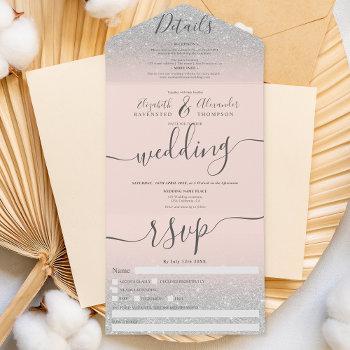 silver glitter ombre blush pink script wedding all in one invitation