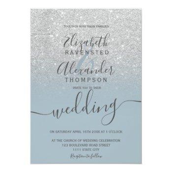 Small Silver Glitter Ombre Dusty Blue Script Wedding Front View