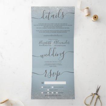 Small Silver Glitter Ombre Dusty Blue Script Wedding Tri-fold Front View