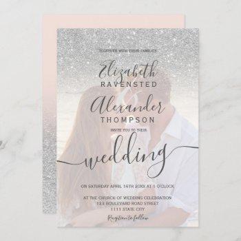 silver glitter ombre pink script photo wedding invitation