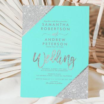 Small Silver Glitter Typography Aqua Blue Wedding Front View