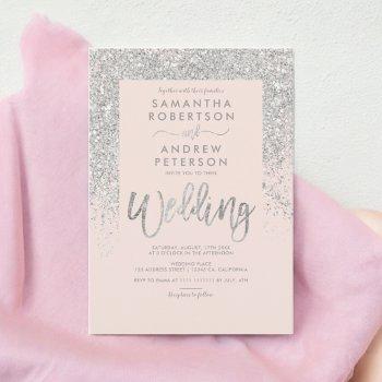 silver glitter typography blush pink wedding invitation