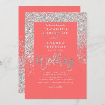 silver glitter typography coral chic wedding invitation