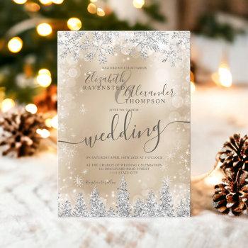 silver gold snow pine christmas winter wedding invitation