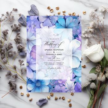 silver, icy blue and lilac floral wedding invitation