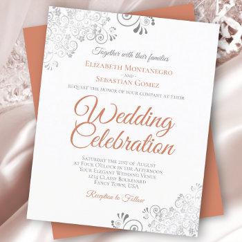 silver lace coral budget white wedding invitation
