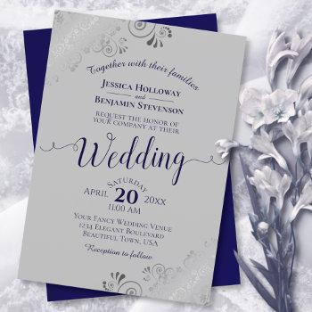 silver lace elegant navy blue & gray wedding invitation