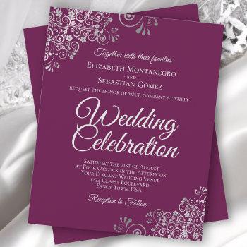 silver lace on cassis budget wedding invitation