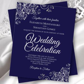 silver lace on navy blue budget wedding invitation