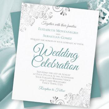 silver lace teal & white budget wedding invitation