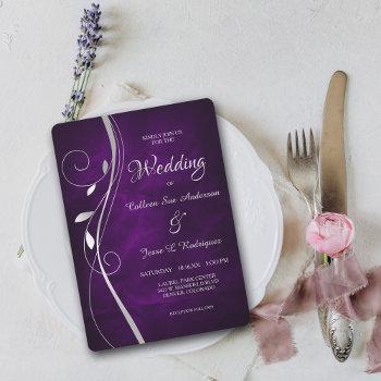 silver leaf swirl deep purple wedding invitation