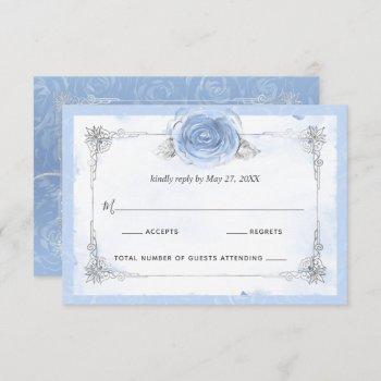 Small Silver Light Baby Blue Roses Elegant Rsvp Front View