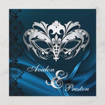 silver masquerade blue jeweled wedding invitation