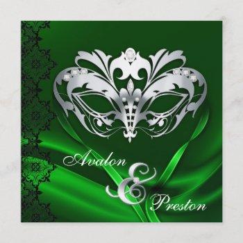 silver masquerade green jeweled wedding invitation